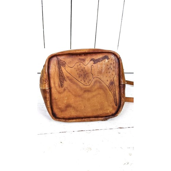 70’s vintage brown tooled patchwork leather drawstring bucket bag shoulder purse - Picture 8 of 10